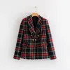 Dames pakken Blazers Red Plaid Blazer Women Springautumn Vintage Tweed Jackets Office Ladies Chic Slim Girls Tassel Tops Set Coat 230209