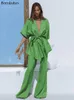 Kvinnors tvåbitar byxor BornLadies Green Cotton Semesterbyxor Suits Casual 2 Pieces Half Hleeves Wrap Shirts and Wide Leg Summer Outfits 230209