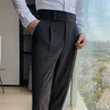 Męskie spodnie w stylu brytyjski jesienne solidne spodnie wysokiej talii mężczyźni formalne jakość Slim Fit Business Casual Suit Hommes 230209