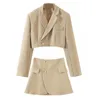 Two Piece Dress Sexy One Button Short Women Blazer Cropped High Waist Irregular Cross Slit Mini Skirt Long Sleeve Suits 2 Pieces Set Vintage 230209