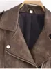 Vestes en cuir lavé pour femmes, ceinture, Vintage, col rabattu, dégradé, fermeture éclair, manteau court, mode décontractée, Chic, 230209