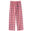 Mulher Sleepwear Plaid Prime Sleep Bottom Women Cotton Pants Longo Pijama Pijama Sofra Cintura elástica da primavera Big Yards 4xl Casual