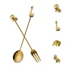 Set di stoviglie 6 pezzi / set Cartone animato Cucchiaio da caffè Forchetta da dessert Set in acciaio inossidabile Oro / Nastro Posate Stoviglie Utensili da cucina per bambini