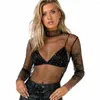 Blouses pour femmes Hirigin Sexy Femmes Dentelle Transparent Mesh Sheer Top Manches Longues Col Haut Blouse Dames Casual Lâche Blanc Noir