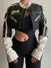 Женские куртки Darling Streatwear Streetwear Punk Style Packwork Contraped PU кожаная женщина на молнии осень зимняя контрастность Основное пальто 230209