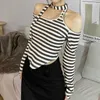 Women's T-Shirt European American 2023 Spring New Pullover Clothing Fashion Striped Sexy Backless Long-sleeved One-shoulder T-shirt Y2302