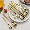 Set di stoviglie Specchio dorato Brillante stoviglie in acciaio inossidabile 304 Coltello da bistecca Forchetta Cucchiaio da caffè Utensili turistici completi per cucina