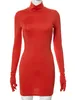 Casual Dresses Women Långärmning med handskar Skinny Party Clubwear Ladies Pure Color High Neck Bodycon Mini Dress Y2302