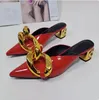 Gold Chains Slippers Sandals Female Low heel Patent Leather Pointed toe Womens Slides Spring Lady Gladiator