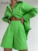 Tute da donna TiulZial Casual Set corto da donna Tuta Loungewear Due pezzi Completi da donna Camicia lunga oversize e pantaloncini a vita alta Verde 230209