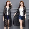 Women's Jackets Korean Female Midi Shawl Coat Fashion Lace Jacket Long Sleeve Hollow Thin Open Elasticity Summer Tops Y205