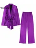 Women Dwuczęściowe spodnie Willshela Women Fashion 2 Suit Silk Blazer Blazer Vintage High Elastic Talle Spodnie Kobiece biura Lady Set 230209