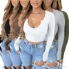 2023 Designer Frauen T-shirt Mode Komfortable Einfarbig Pit Streifen U Neck Langarm Bodycon Frauen Kleidung Crop Top