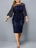 Günlük elbiseler parti elbisesi artı beden bayanlar midi pullu örgü uzun kollu dantel zarif bodycon xl-4xl 5xl gece elbise kadın yaz 230209