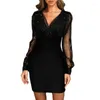 Robes décontractées 2023 Femme Paillettes Robe Sexy Taille Haute Moulante Noir Sheer Mesh Patchwork Mini Jupe Été Col V Vêtements De Fête