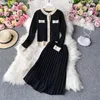 Two Piece Dress High Quality Spring Fall Knit 2 Set Women Office Lady Single Breasted Sweater Cardigan Pleated Long Skirt Suit Sets 230209