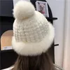 Gorros Beanie/Gorras de calavera Sombreros de piel real de invierno Mujeres Oreja natural y esponjosa Cálida Moda Elegante de punto Sólido Elástico HatBeanie/Skull Beani