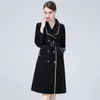 女性用トレンチコートコート高品質のデザイナー秋の冬のヴィンテージラペルボタンブラックエレガントファッションパーティースリムロングジャケット