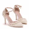 Wedding Bridal Shoes Pointed Toe White Ivory Pearl Ankle Straps Bride Dress Shoes Summer Sandals Lady Party High Heels