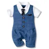 Barboteuses Bébé Garçon Vêtements D'été Coton Formelle Barboteuse Gentleman Cravate Tenue né Vêtements Beau Bouton Combinaison Costume De Fête 230209