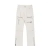 メンズジーンズのトレンディポケット白い男性カジュアルルーズバギーズコットコットデニムカーゴパンツストリートウェアの服