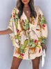 Vestidos informales Casual Boho Beach Vacation Mini vestido de mujer de verano con estampado de encaje con botones vestidos de manga de murciélago para mujer bata femenina suelta T230210