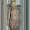 Runway Dresses Glitter Short Silver Mermaid Formal Evening Dresses For Arabic Women Sexy Deep V-Neck Long Sleeves Beaded Crystals Prom Occasion 230210