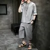 남성용 트랙 슈트 중국 전통 드레스 여름 얇은 티셔츠 자른 바지 2 피스 세트 플러스 크기 한부 슈트 남자 의류 탑 캐주얼