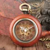 Pocket Watches Vintage Red Wooden Case Mechanical Watch Chain Automatic Self-wind Fob Open Face Unisex Clock Gifts For Men Women