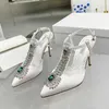 Sandals High heel sandals 10cm slim green rhinestone satin quality pointed thin heel 8cm Baotou sandals