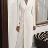 Kvinnor Tvåbitar byxor White Double Breasted Long Blazer Women Suits Set Elegant Designer Wide Leg Celebrity 2 Pieces skräddarsydd 230209