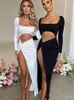 Casual jurken Sexy Hollow Out High Split Maxi Dress for Women Robe 2023 Autumn Full Sleeve Ruched Club Party Long Vestido