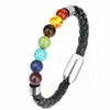 Bracelets porte-bonheur Ckysee couleur noire cuir tressé fermoirs magnétiques en acier inoxydable Bracelet hommes naturel 7 perles de pierre Chakra bracelets