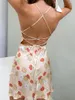 Casual Dresses 2023 Summer Women Sexy Spaghetti Strap Mini Dress Slim Fit Kawaii Floral Print Sleeveless Tie-up Backless A-line kläder