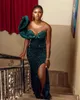 Sparkly Dark Green Sequined Mermaid Prom Dresses Ruffle Sleeve Side Splitt