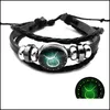 Link Chain Snap Botton 12 Zodiac Constellation Glowing Charm Armband für Frauen Männer Mtilayer geflochtenes Leder Mode Geburtstag Jewel Dh3Uh