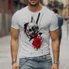 Erkek Tişörtleri Dijital 3D Baskılı Gül İskeleti Erkekler Kısa Kollu T-Shirt İnce Yaz Gençlik Avrupa ve Amerikan Modası