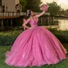 Elegant Pink Tulle Quinceanera Dresses 2023 Off Shoulder Short Sleeves Lace Applique Prom Gowns Vestido De 15 Anos Sweep Train