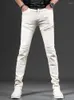 Men's Jeans Beige Men's Korean Style Slim Fit Pants Streetwear Casual Zipper Patchwork Denim Trousers CP2198