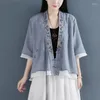 Etniska klädkvinnor linneskjorta toppar kinesisk stil vintage retro cardigan coat fairy tai chi tang kostym andas andas avslappnad Hanfu 31151