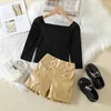 Clothing Sets Baby Girls Clothing Set Square Collar Long Sleeve Shirts Pu Leather Shorts Two Piece Kids Suits Fall Summer Children Outfits W230210