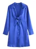 Robes décontractées YENKYE mode femmes bleu noué Satin robe à manches longues col à revers femme courte Vestido