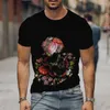 Camisetas masculinas de camiseta digital 3D Rose Skeleton Skeleton Men de manga curta Moda européia e americana de verão europeu e americano