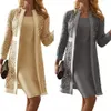 Robes décontractées 2pcs / set robe moyenne élégante évider printemps / automne manteau femmes tempérament robe moulante cardigan ensemble 230210