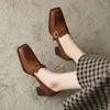 Klädskor 2023 Spring Women Square Toe High Heels Cotton Tygy Chunky klackpumpar Retro Litterbälte spänne för