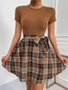 Casual Dresses Lace Up Mini Plaid Tee For Women Short Sleeve T-Shirt A Line Skirt Spring Summer Elegant High Waist Casua Vintage Style