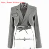 Damen Anzüge Blazer Gtpdpllt Grau Doppelschicht Bandage Slim Blazer Frauen Langarm Tasche Kurze Jacke Weibliche Outwear Crop Tops 230209