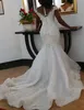 Arabo Aso Ebi Lussuoso pizzo a sirena Abiti da sposa con spalle scoperte Perline con lacci Collo trasparente Plus Size Abito da sposa africano BC14445