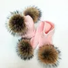 Berets Parent-Child Winter Hats Cute Baby Fur Pompon Hat Scarf Sets Real Natural Ball Caps Mother Kids Warm Knitted Bea