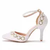 Wedding Bridal Shoes Pointed Toe White Ivory Pearl Ankle Straps Bride Dress Shoes Summer Sandals Lady Party High Heels